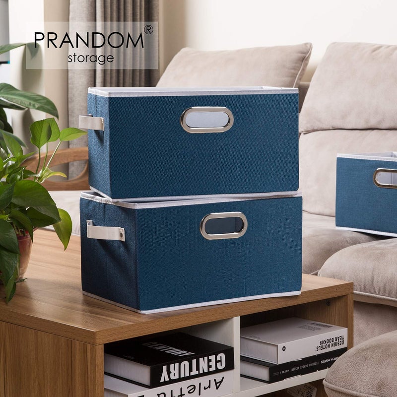 PRANDOM Fodable Storage Bins for Closet [3-pack] Decorative Fabric Storage Baskets Cubes with Leather/Metal Handles for Shelves Bedroom Living Room Royal Blue (11.5x8.5x6.7 Inch) - Image 2